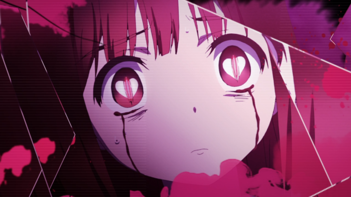 Close-up of protagonist Aya; her pupils are shaped like hearts, and blood runs from her eyes